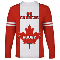 Red and white rugby long sleeve shirt with 'GO CANUCKS' and maple leaf emblem