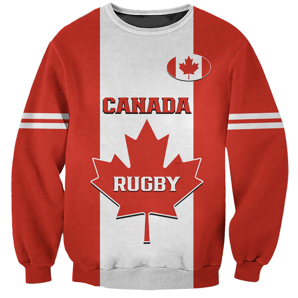 Red sweatshirt with light gray panel, Canada Rugby graphic and maple leaf