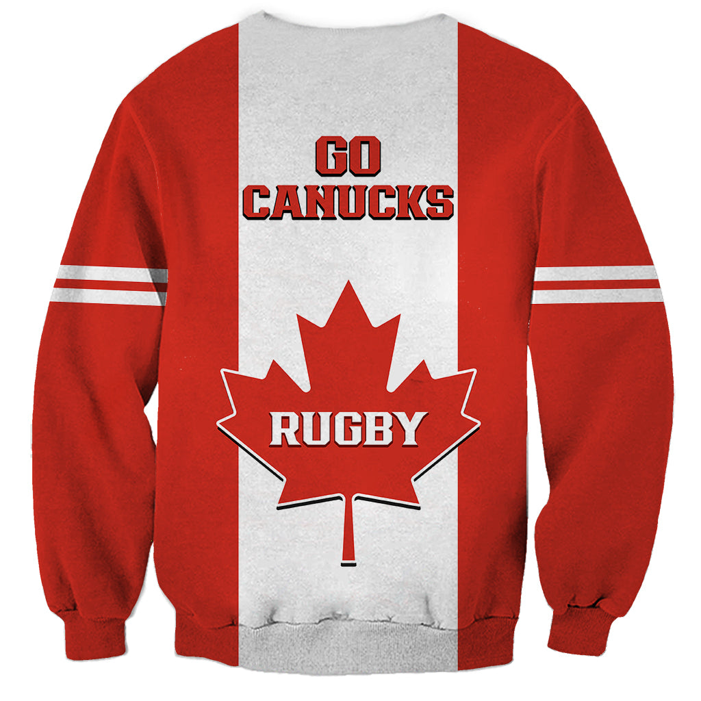 Red sweatshirt with light gray panel, Go Canucks Rugby back graphic and maple leaf