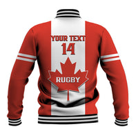 Canada rugby baseball jacket back, red and white with "YOUR TEXT", 14, maple leaf rugby