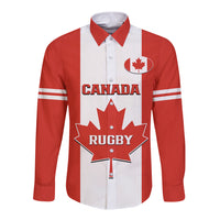 Red and white striped long-sleeve button rugby shirt with Canada and maple leaf front print