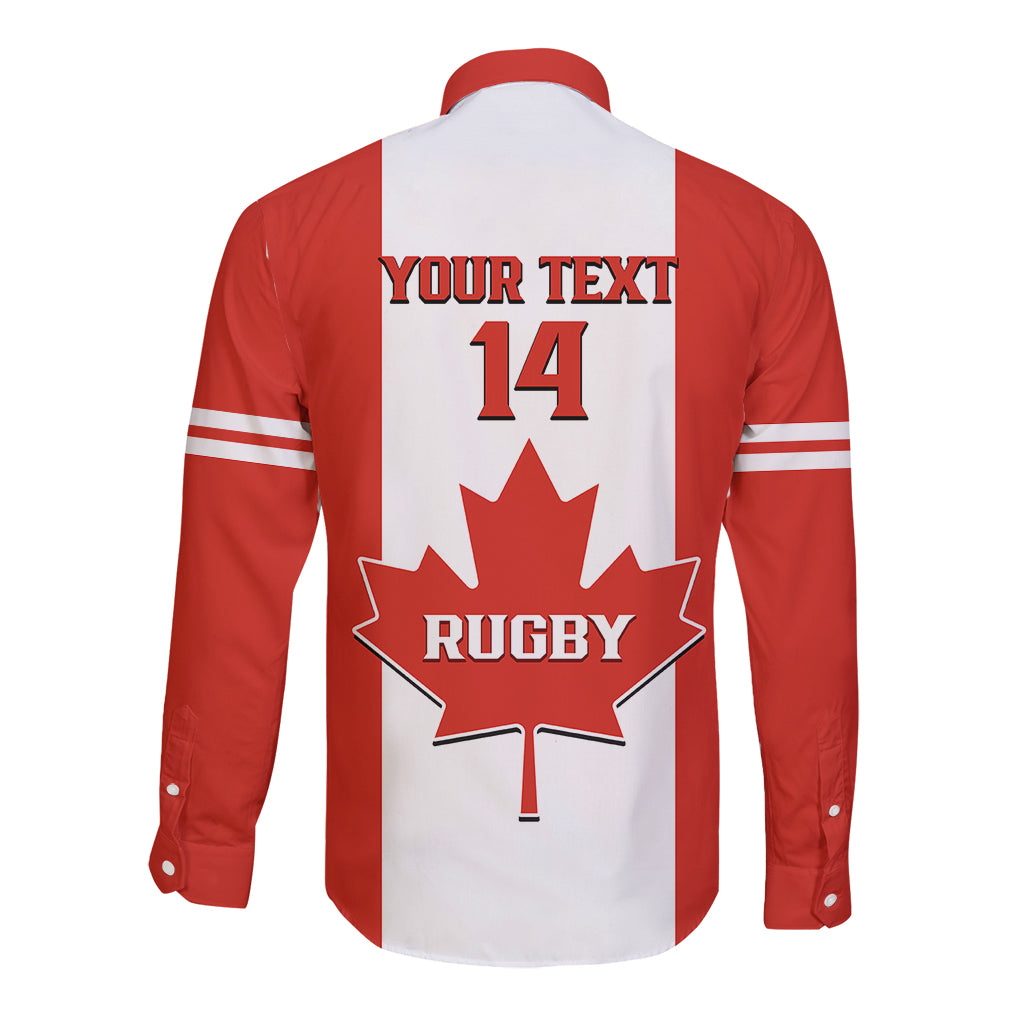 Red and white striped long-sleeve button rugby shirt with back print: YOUR TEXT 14 and maple leaf
