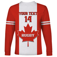 Unisex red Canada rugby long-sleeve shirt with back YOUR TEXT 14 and maple leaf
