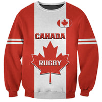 Red crewneck rugby sweatshirt with Canada graphic and maple leaf badge