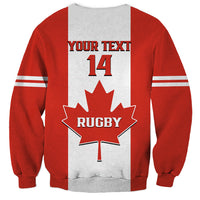 Red crewneck rugby sweatshirt with maple leaf and “Your text 14” print