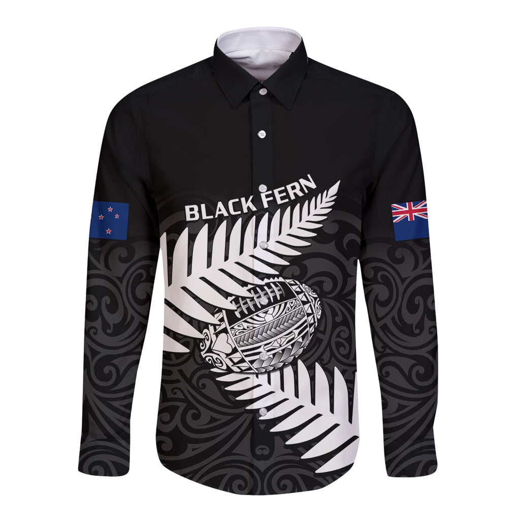 Black long-sleeve rugby button shirt with Black Fern graphic and sleeve flags
