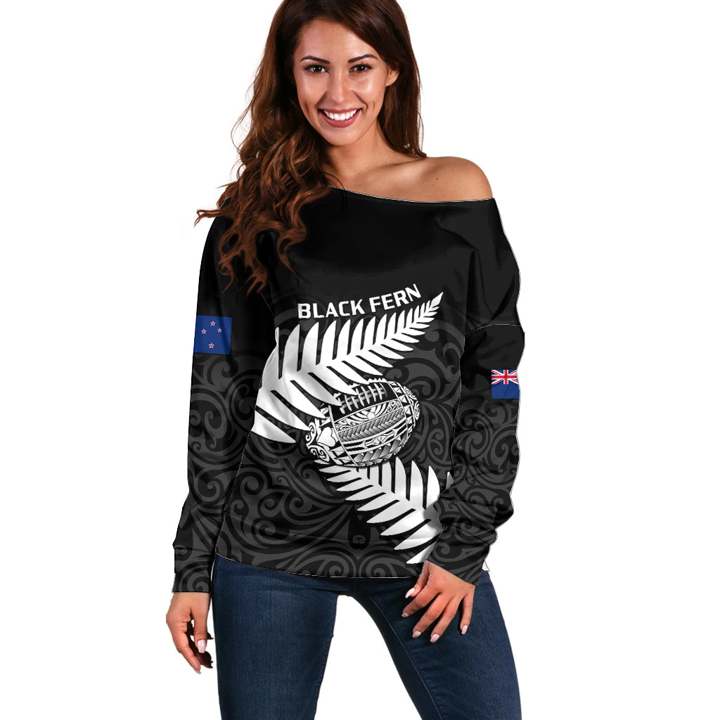 Aotearoa Rugby Off Shoulder Sweater Go Black Fern Pacific NZ Maori 2023 - Wonder Print Shop