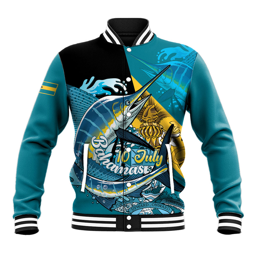 Personalized Bahamas Independence Day Baseball Jacket Happy 10 July Blue Marlin Coat Of Arms