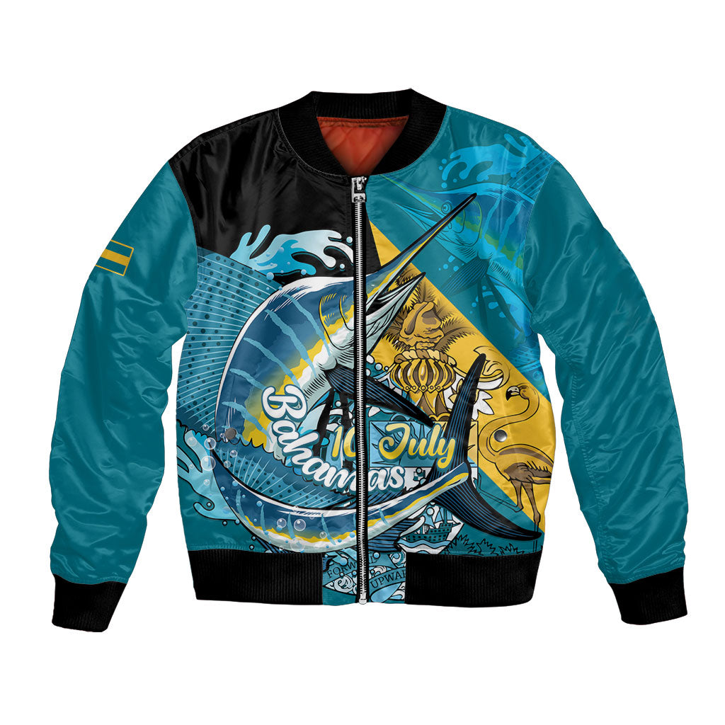 Personalized Bahamas Independence Day Bomber Jacket Happy 10 July Blue Marlin Coat Of Arms