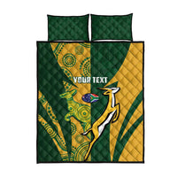 Green and yellow quilt bed set with two pillows; central rugby graphic and 'YOUR TEXT'.