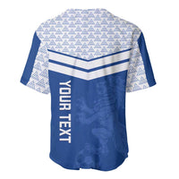 Blue and white custom baseball jersey, back with vertical text and striped yoke