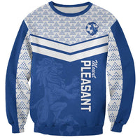 Blue crewneck sweatshirt with white patterned sleeves and lion graphic with vertical text