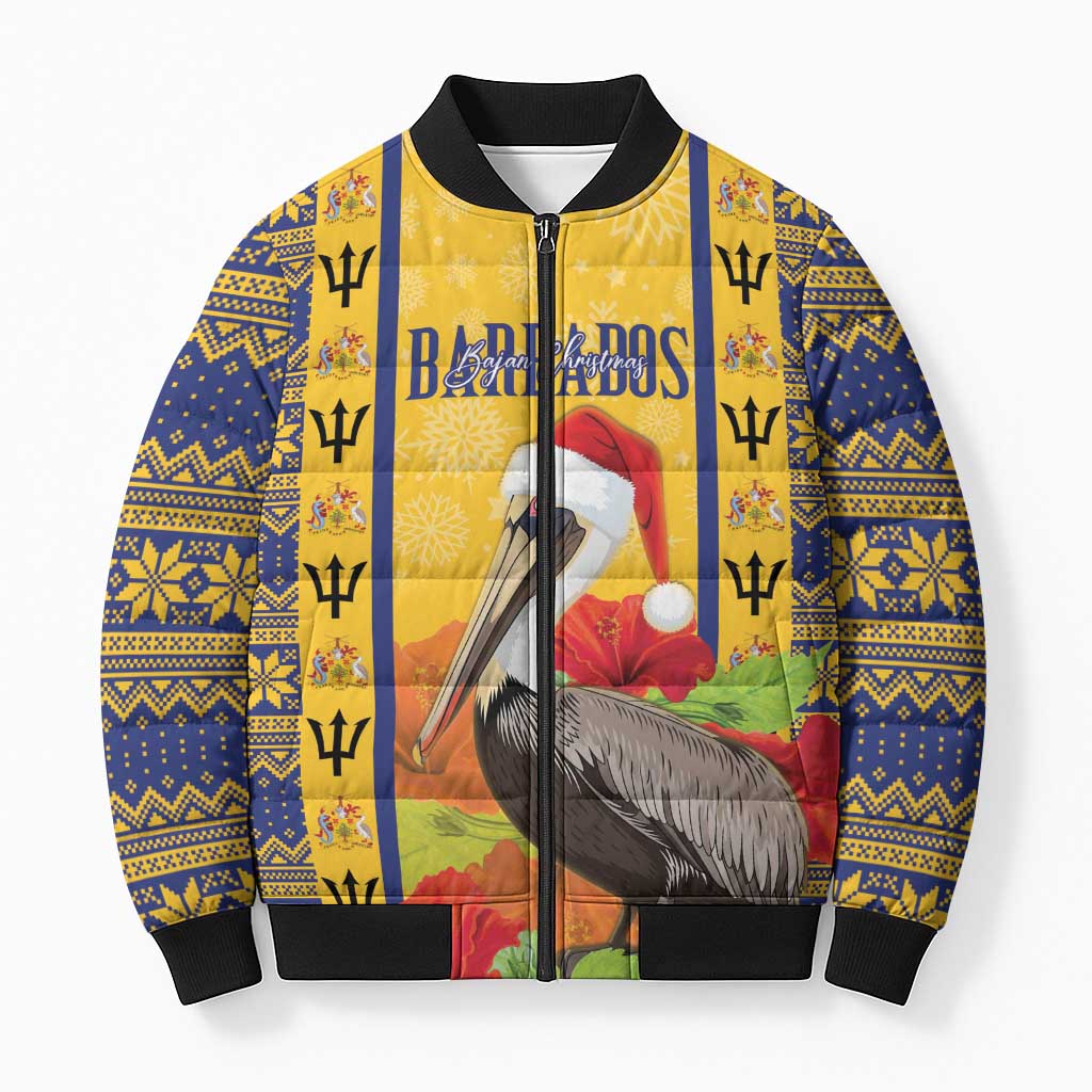 Personalized Barbados Christmas Bomber Puffer Jacket Bajan Xmas Brown Pelican Santa - Wonder Print Shop