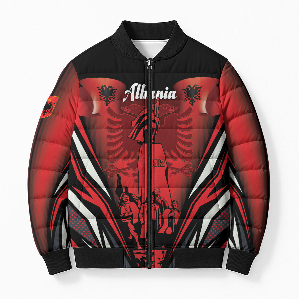 Dita e Flamurit Albania Personalised Bomber Puffer Jacket Independence Monument Black Double-headed Eagle