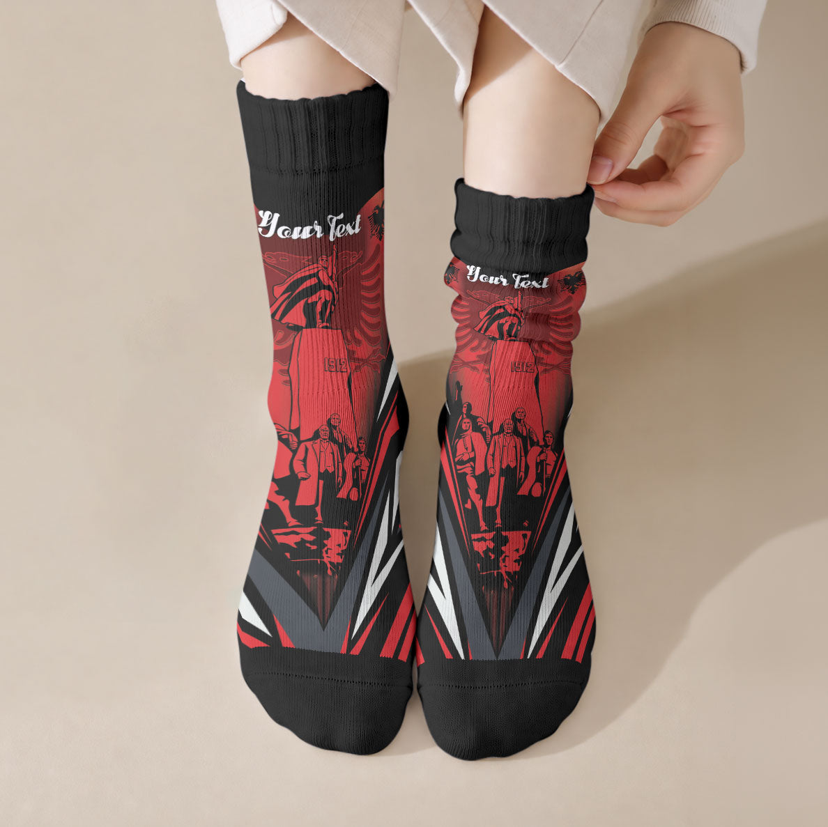 Dita e Flamurit Albania Personalised Crew Socks Independence Monument Black Double-headed Eagle