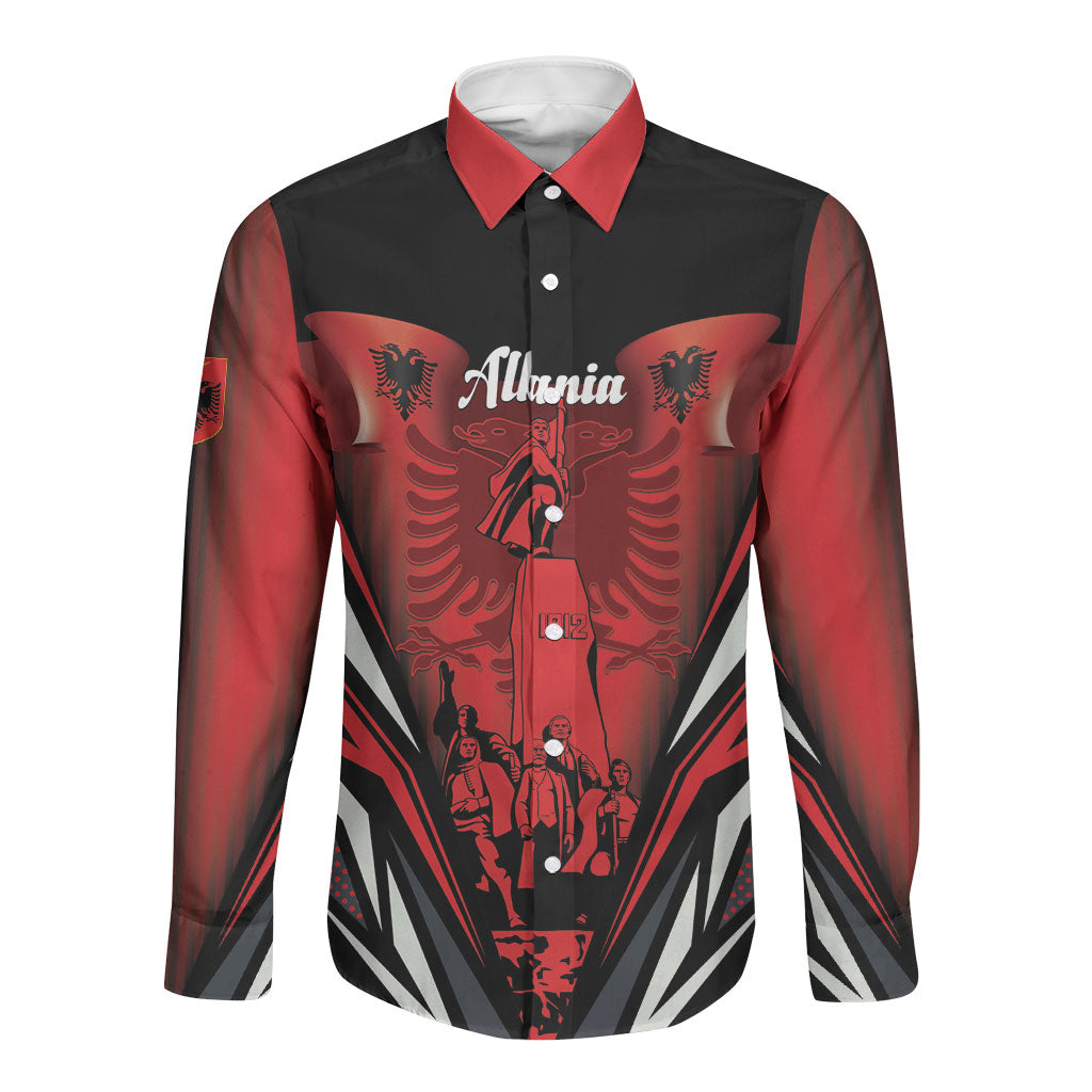 Dita e Flamurit Albania Personalised Long Sleeve Button Shirt Independence Monument Black Double-headed Eagle