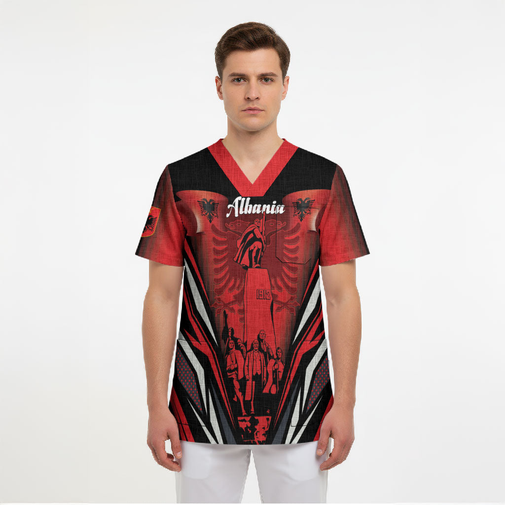 Dita e Flamurit Albania Personalised Scrub Top Independence Monument Black Double-headed Eagle