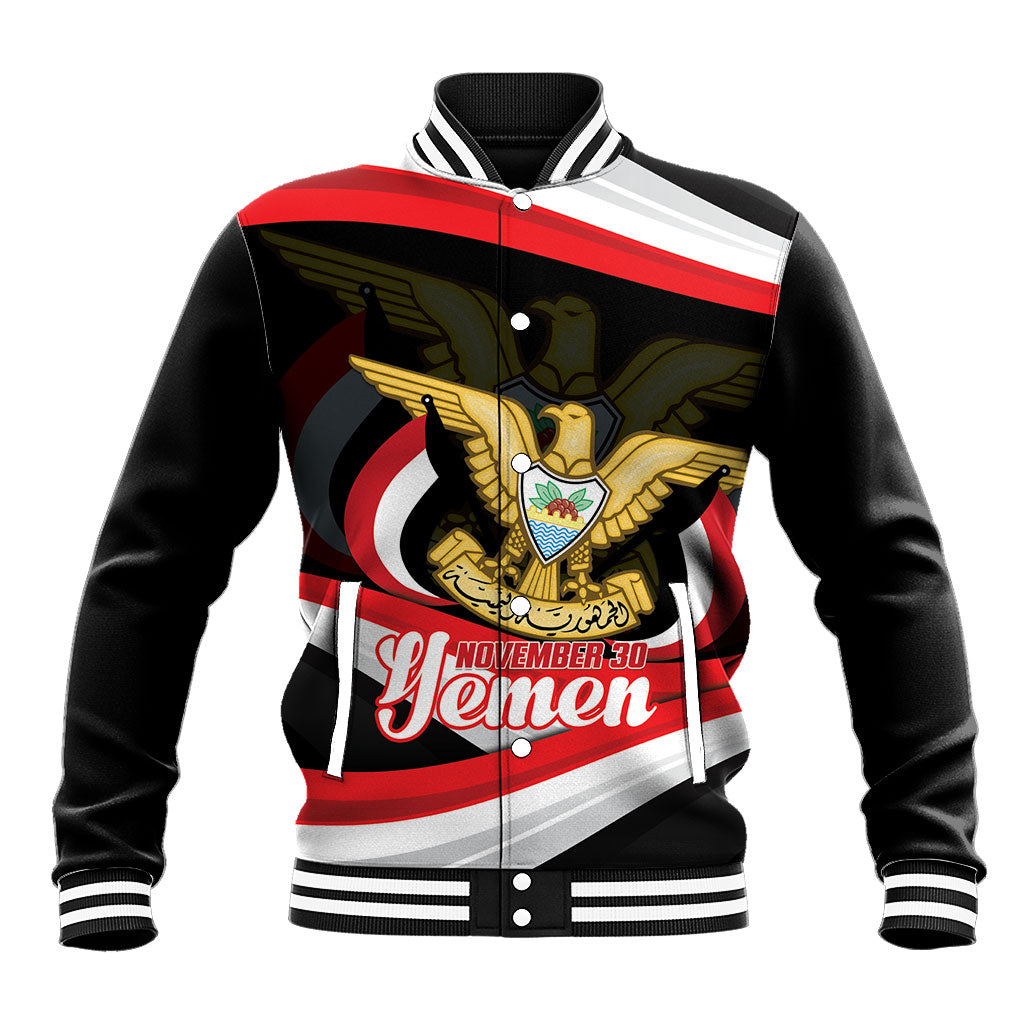 Personalised Yemen Independence Day Baseball Jacket Happy November 30 Coat Of Arms Curve Flag
