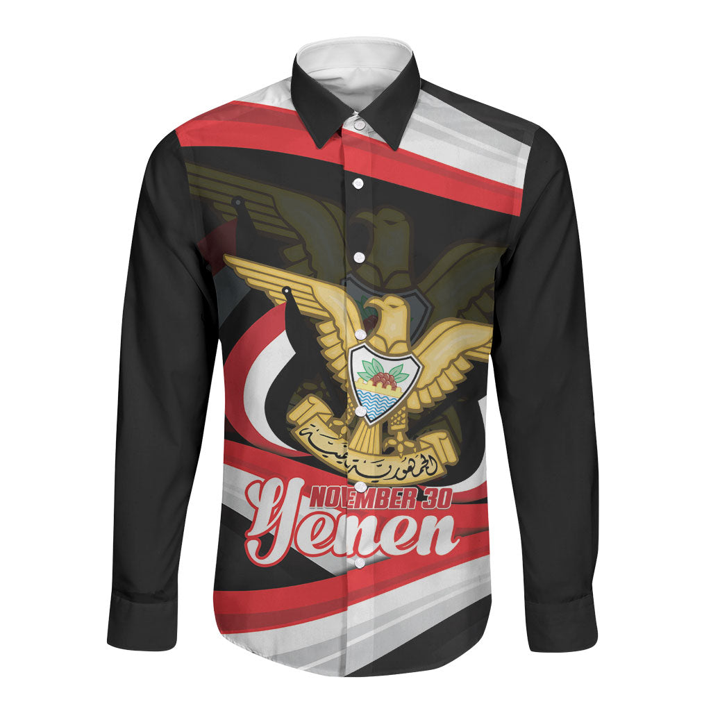 Personalised Yemen Independence Day Long Sleeve Button Shirt Happy November 30 Coat Of Arms Curve Flag