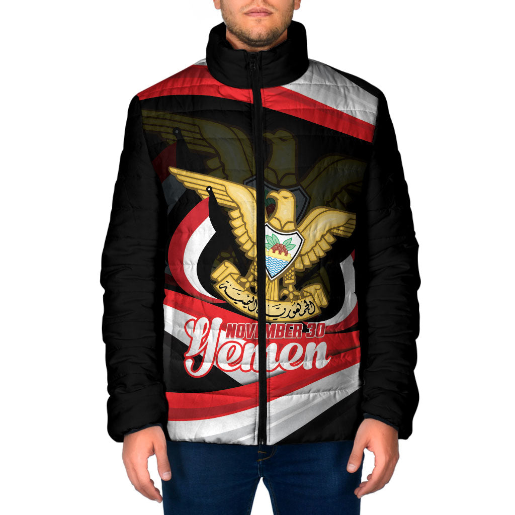 Personalised Yemen Independence Day Padded Jacket Happy November 30 Coat Of Arms Curve Flag