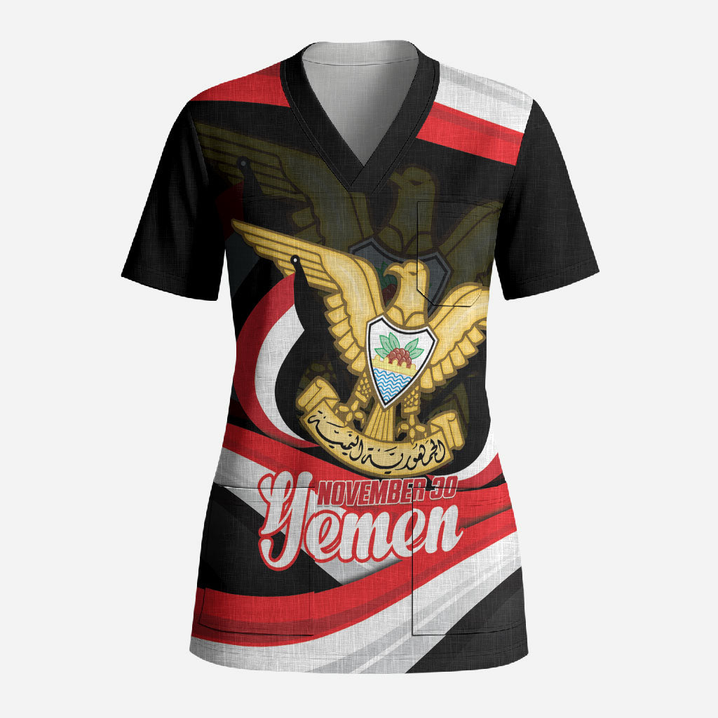 Personalised Yemen Independence Day Scrub Top Happy November 30 Coat Of Arms Curve Flag