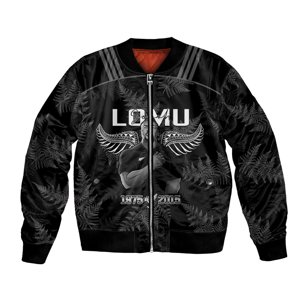 Black unisex bomber jacket with full zip and large front graphic with wings and fern