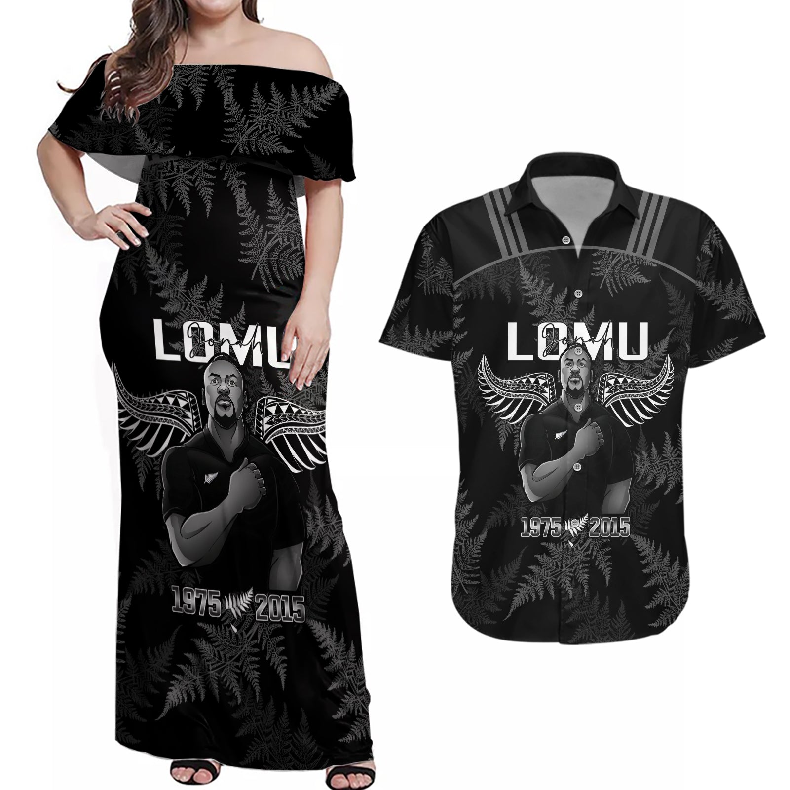 New Zealand Silver Fern Rugby Couples Matching Off Shoulder Maxi Dress and Hawaiian Shirt Aotearoa Godfather Proud Gone But Never Forgotten - Wonder Print Shop