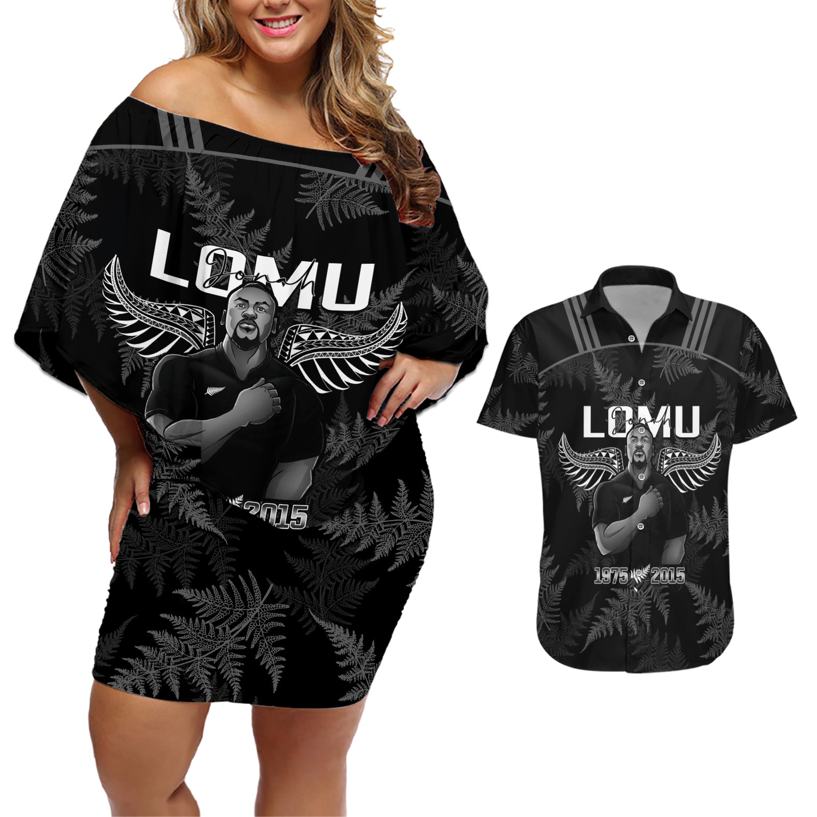 New Zealand Silver Fern Rugby Couples Matching Off Shoulder Short Dress and Hawaiian Shirt Aotearoa Godfather Proud Gone But Never Forgotten - Wonder Print Shop