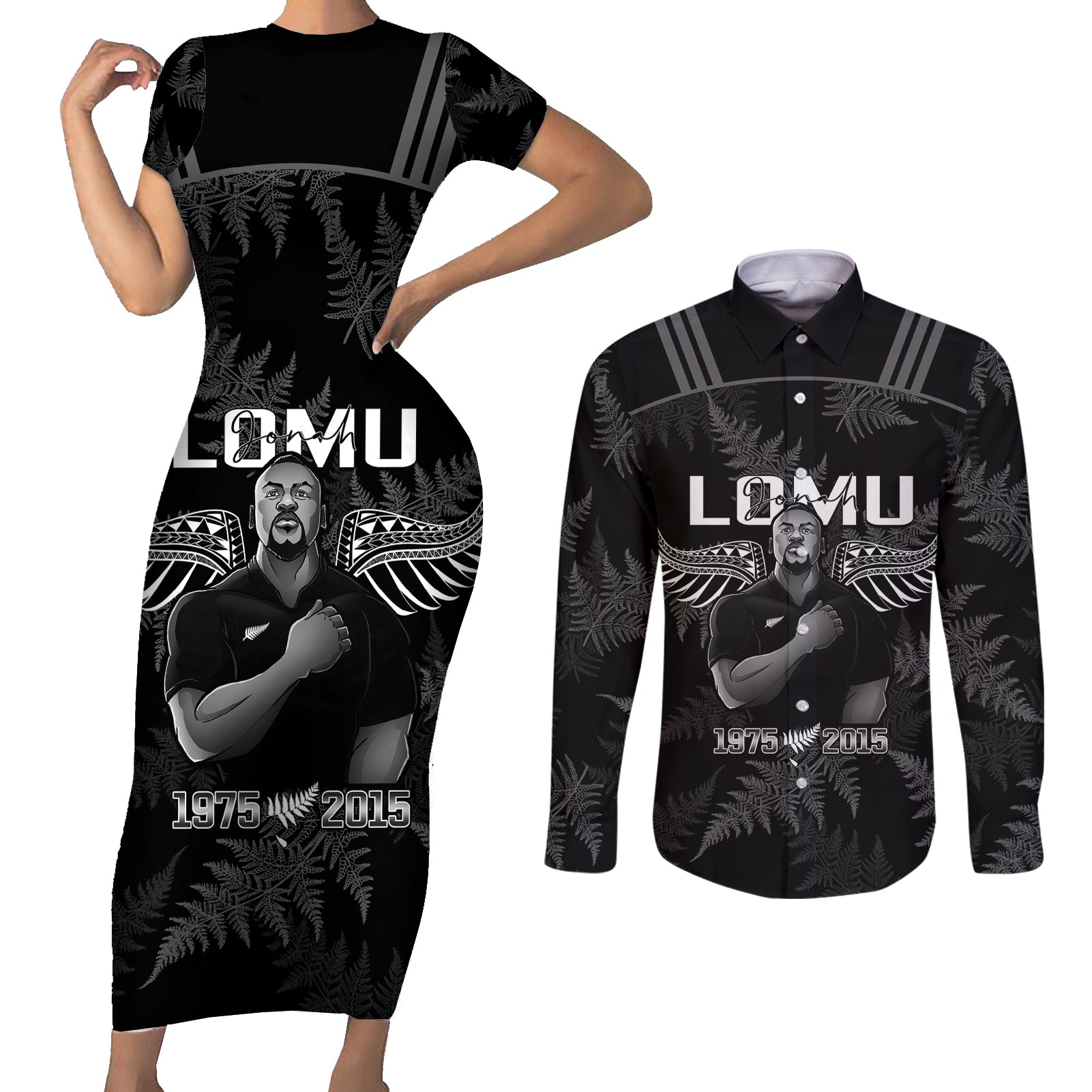 New Zealand Silver Fern Rugby Couples Matching Short Sleeve Bodycon Dress and Long Sleeve Button Shirt Aotearoa Godfather Proud Gone But Never Forgotten - Wonder Print Shop