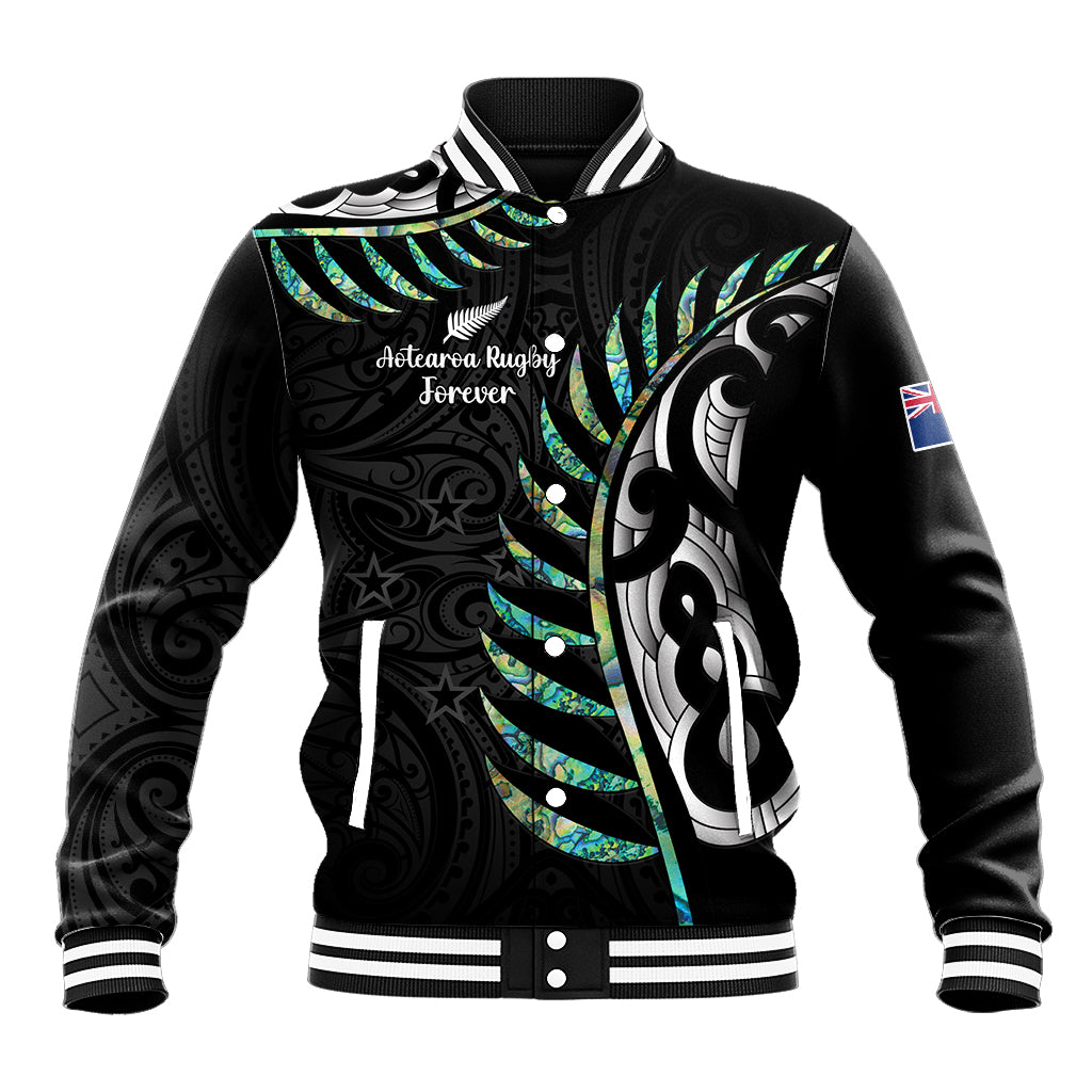 Black varsity baseball jacket with striped ribbed collar and front button graphics
