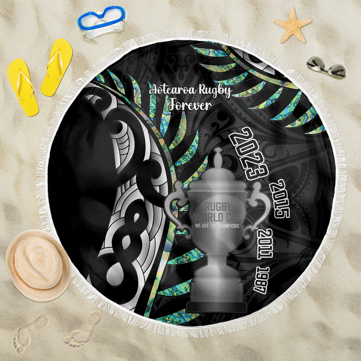 Personalised New Zealand Silver Fern Rugby Beach Blanket Paua Shell With Champions Trophy History NZ Forever - Wonder Print Shop