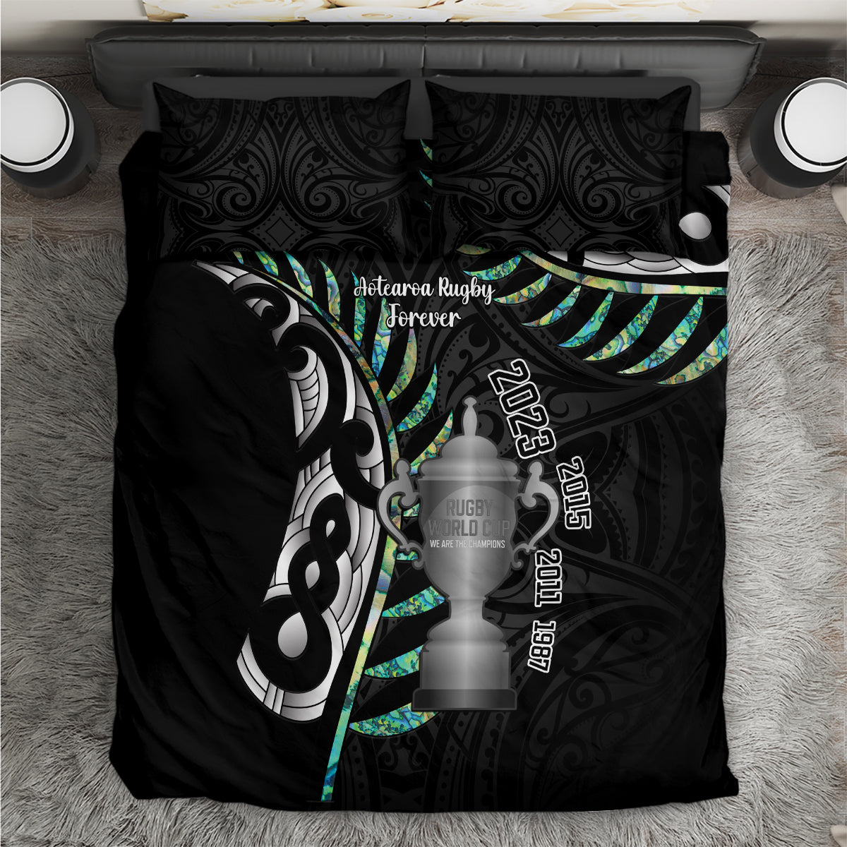 Black rugby bedding set with silver fern and teal shell graphics: duvet and 2 pillowcases