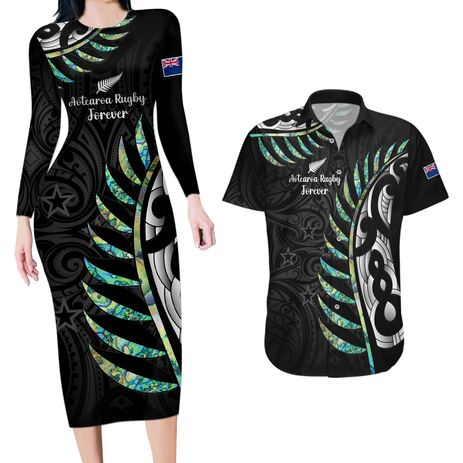 Personalised New Zealand Silver Fern Rugby Couples Matching Long Sleeve Bodycon Dress and Hawaiian Shirt Paua Shell With Champions Trophy History NZ Forever - Wonder Print Shop