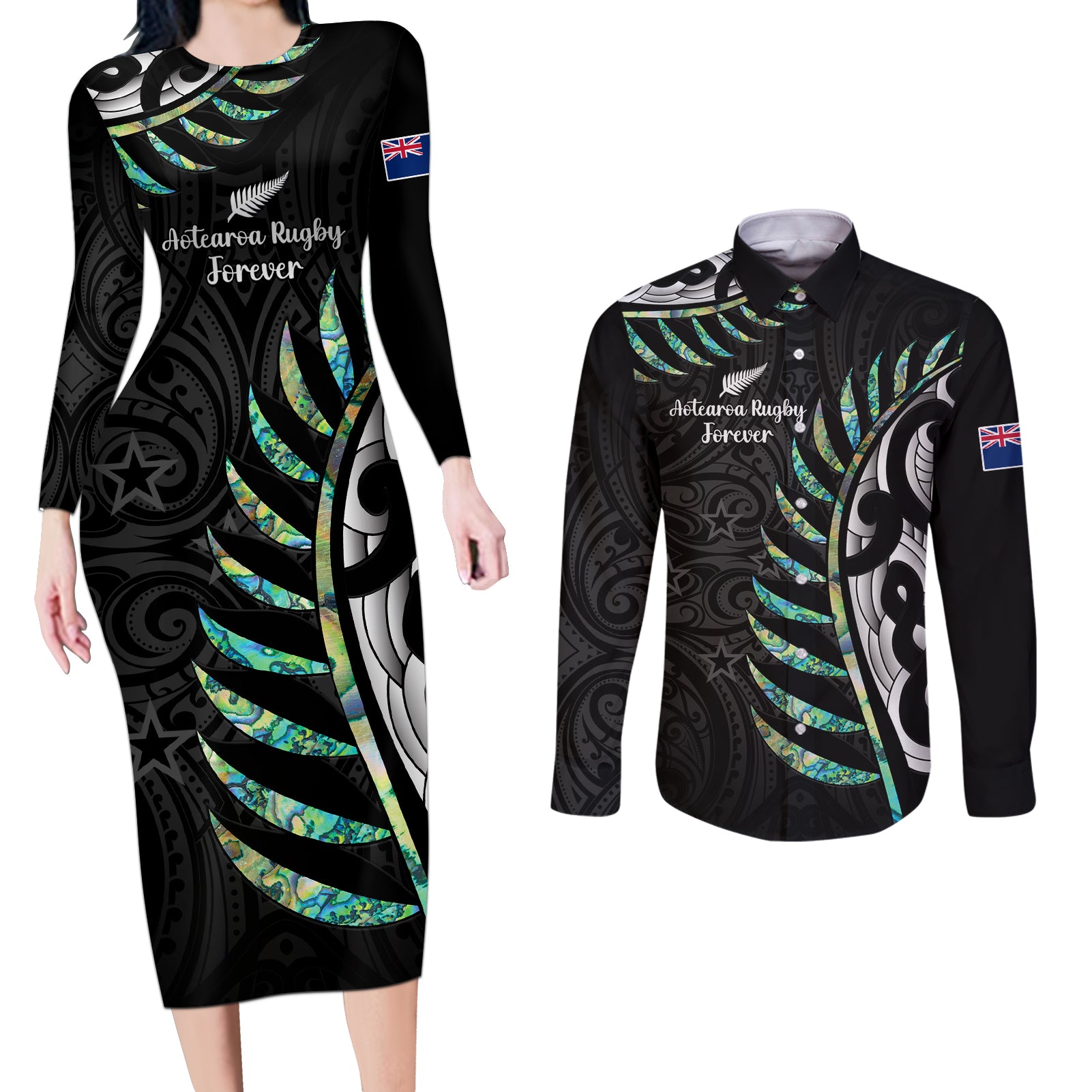 Personalised New Zealand Silver Fern Rugby Couples Matching Long Sleeve Bodycon Dress and Long Sleeve Button Shirt Paua Shell With Champions Trophy History NZ Forever - Wonder Print Shop