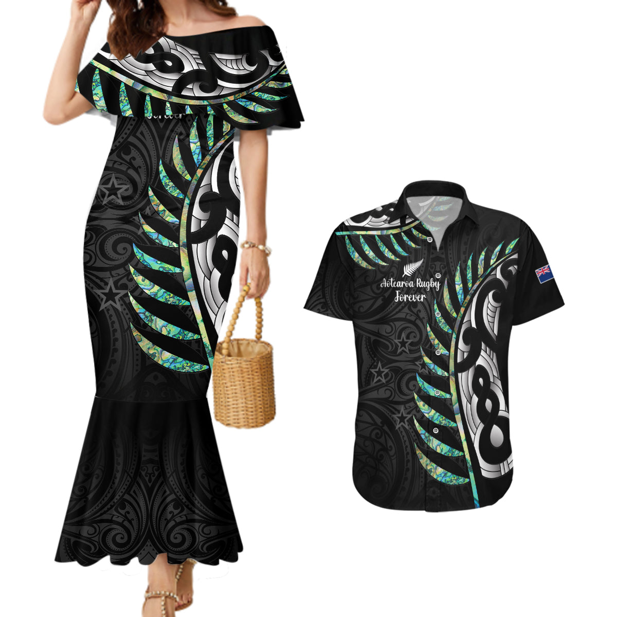 Personalised New Zealand Silver Fern Rugby Couples Matching Mermaid Dress and Hawaiian Shirt Paua Shell With Champions Trophy History NZ Forever - Wonder Print Shop