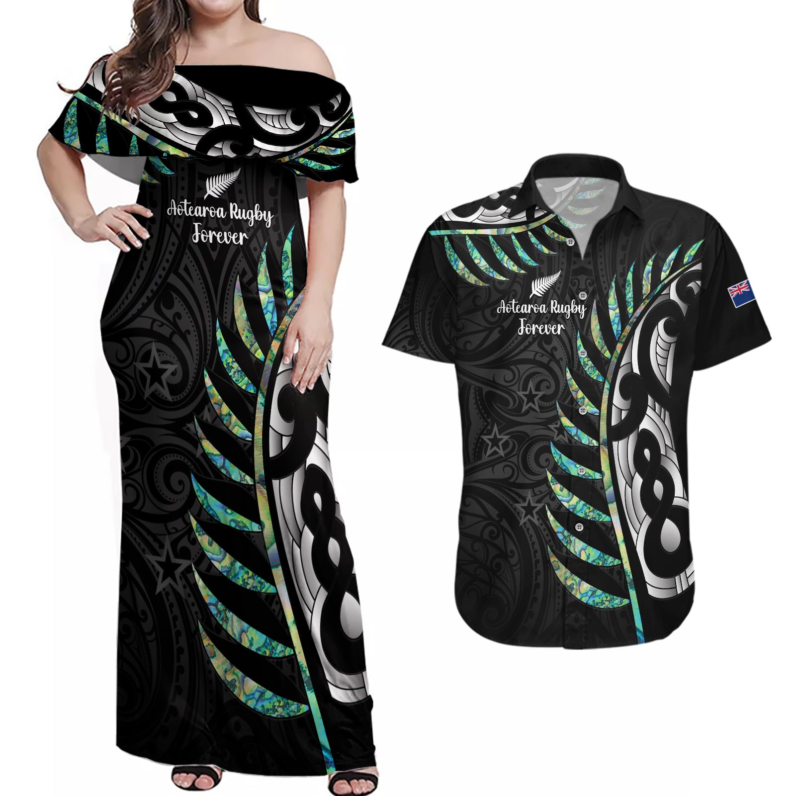 Personalised New Zealand Silver Fern Rugby Couples Matching Off Shoulder Maxi Dress and Hawaiian Shirt Paua Shell With Champions Trophy History NZ Forever - Wonder Print Shop