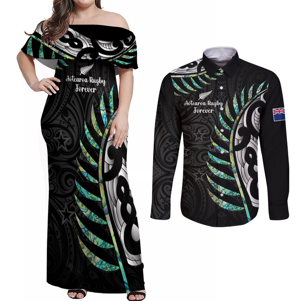 Personalised New Zealand Silver Fern Rugby Couples Matching Off Shoulder Maxi Dress and Long Sleeve Button Shirt Paua Shell With Champions Trophy History NZ Forever - Wonder Print Shop