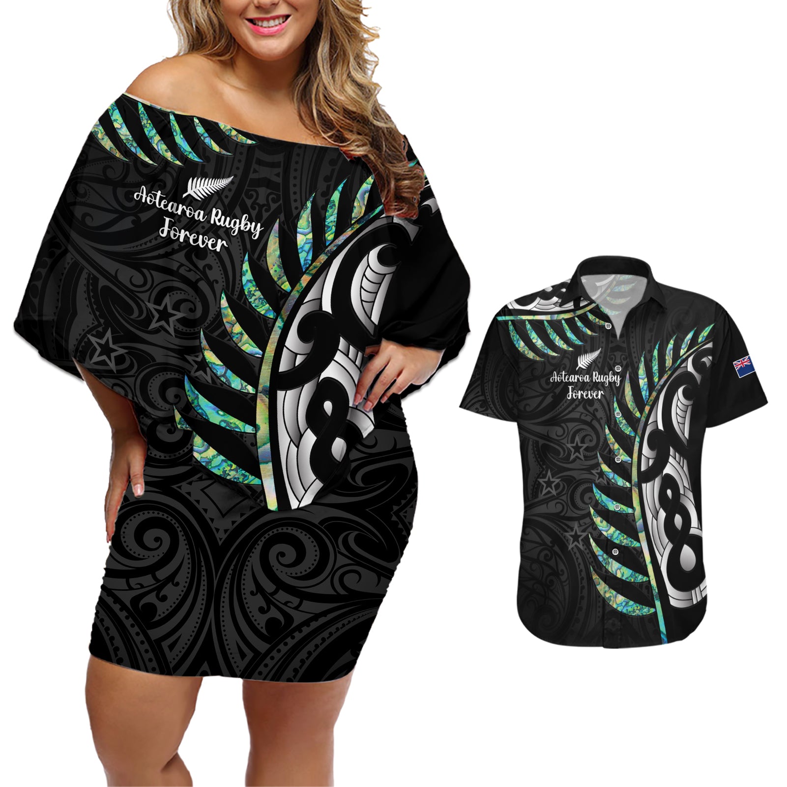 Personalised New Zealand Silver Fern Rugby Couples Matching Off Shoulder Short Dress and Hawaiian Shirt Paua Shell With Champions Trophy History NZ Forever - Wonder Print Shop