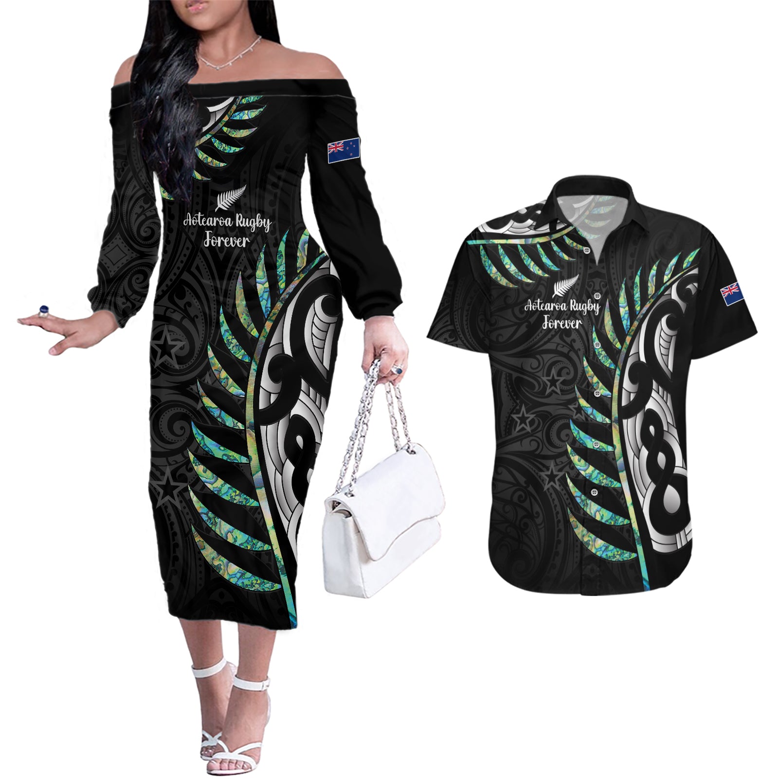 Personalised New Zealand Silver Fern Rugby Couples Matching Off The Shoulder Long Sleeve Dress and Hawaiian Shirt Paua Shell With Champions Trophy History NZ Forever - Wonder Print Shop