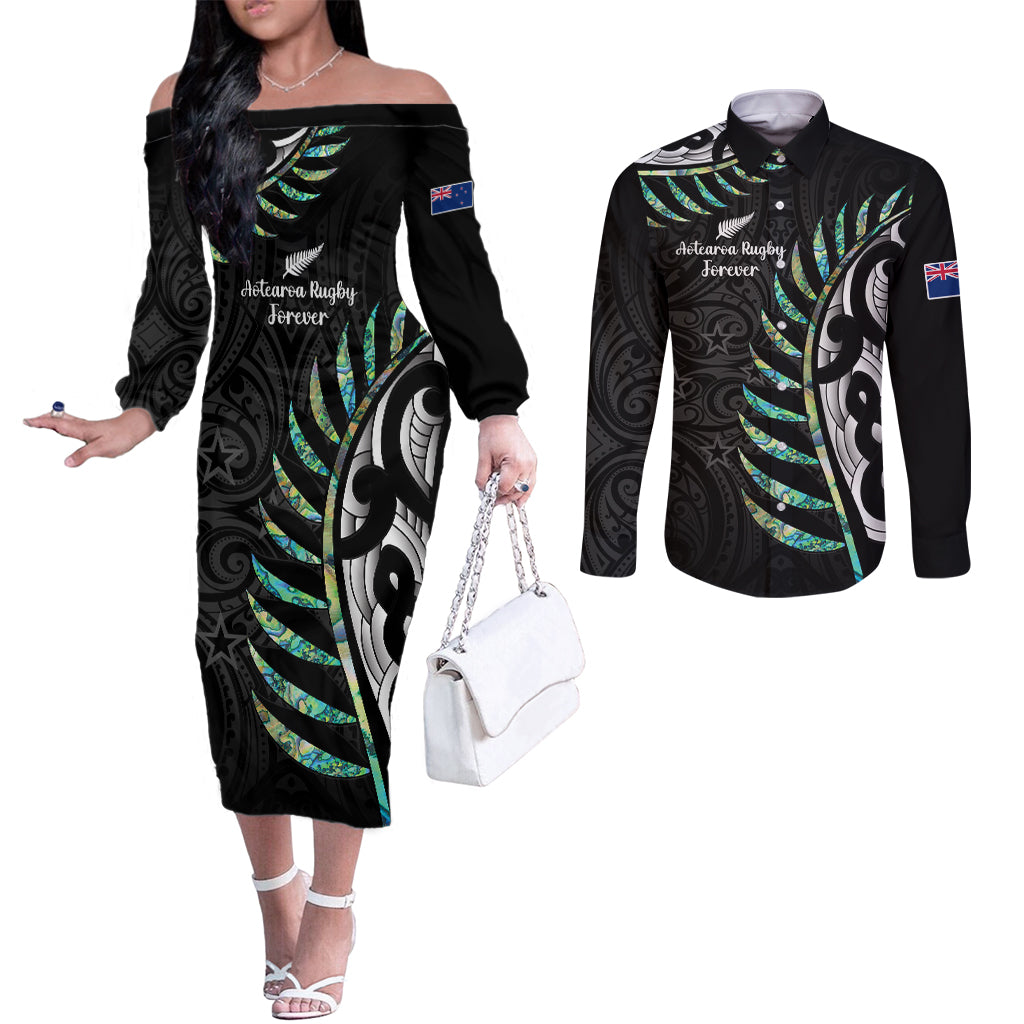 personalised-new-zealand-silver-fern-rugby-couples-matching-off-the-shoulder-long-sleeve-dress-and-long-sleeve-button-shirt-paua-shell-with-champions-trophy-history-nz-forever