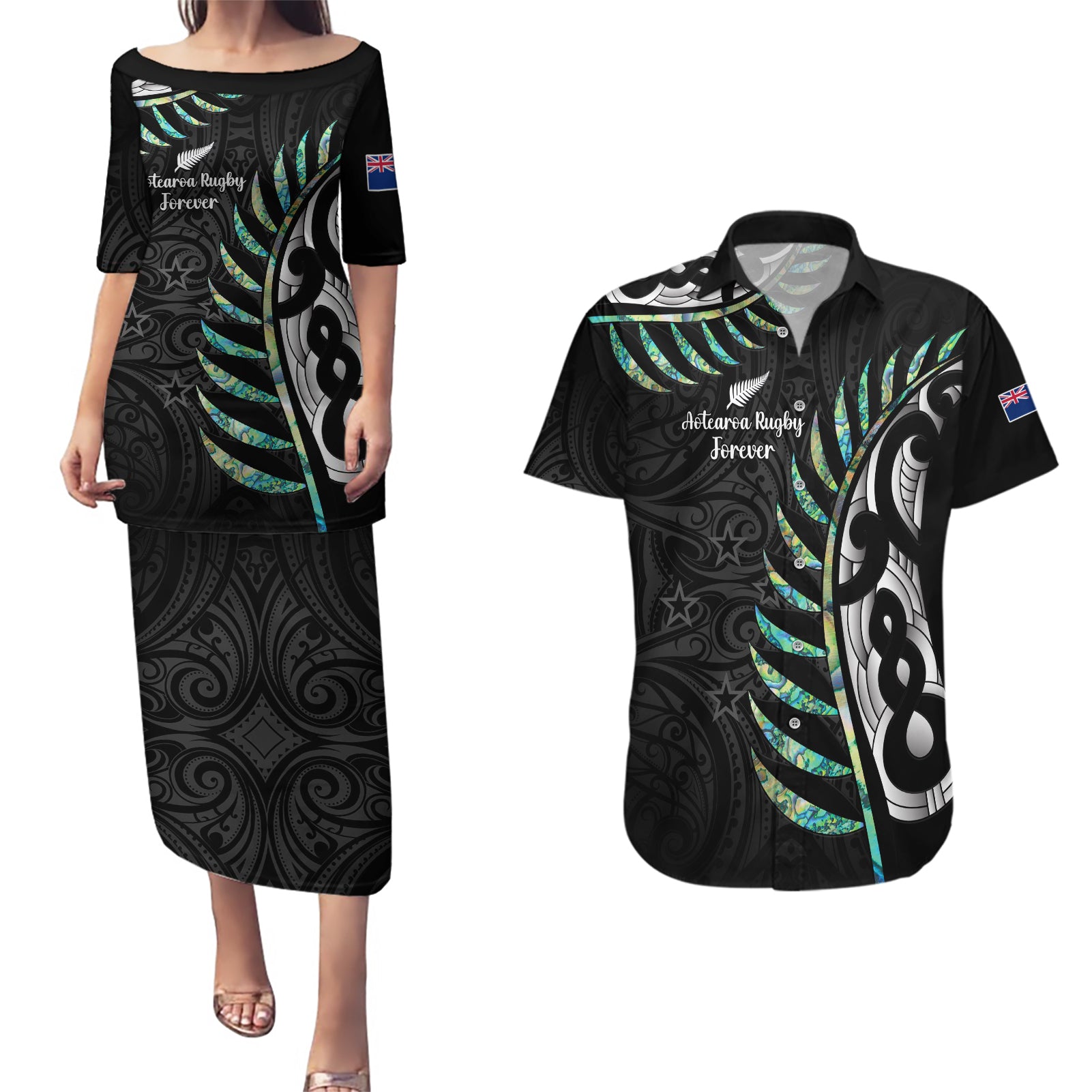 Personalised New Zealand Silver Fern Rugby Couples Matching Puletasi Dress and Hawaiian Shirt Paua Shell With Champions Trophy History NZ Forever - Wonder Print Shop