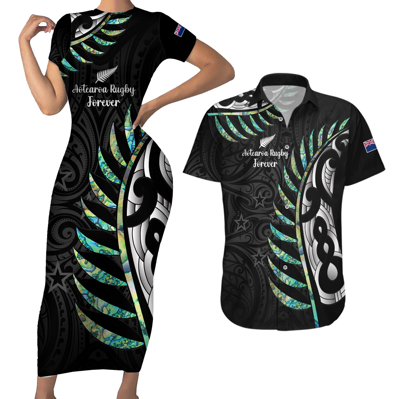 Personalised New Zealand Silver Fern Rugby Couples Matching Short Sleeve Bodycon Dress and Hawaiian Shirt Paua Shell With Champions Trophy History NZ Forever - Wonder Print Shop