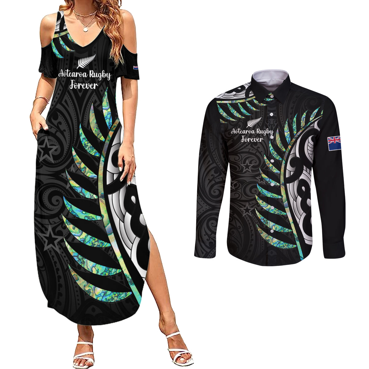 Personalised New Zealand Silver Fern Rugby Couples Matching Summer Maxi Dress and Long Sleeve Button Shirt Paua Shell With Champions Trophy History NZ Forever - Wonder Print Shop