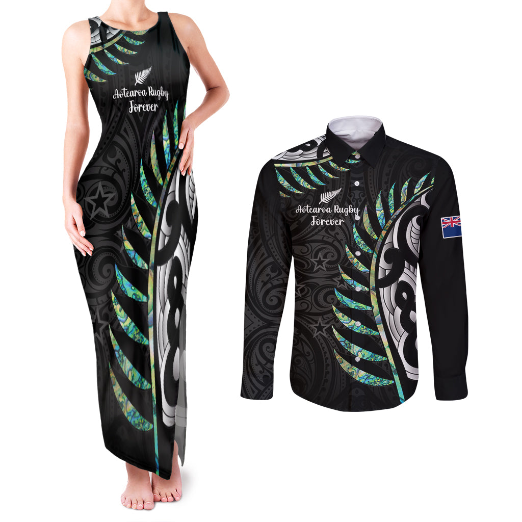 Personalised New Zealand Silver Fern Rugby Couples Matching Tank Maxi Dress and Long Sleeve Button Shirt Paua Shell With Champions Trophy History NZ Forever - Wonder Print Shop