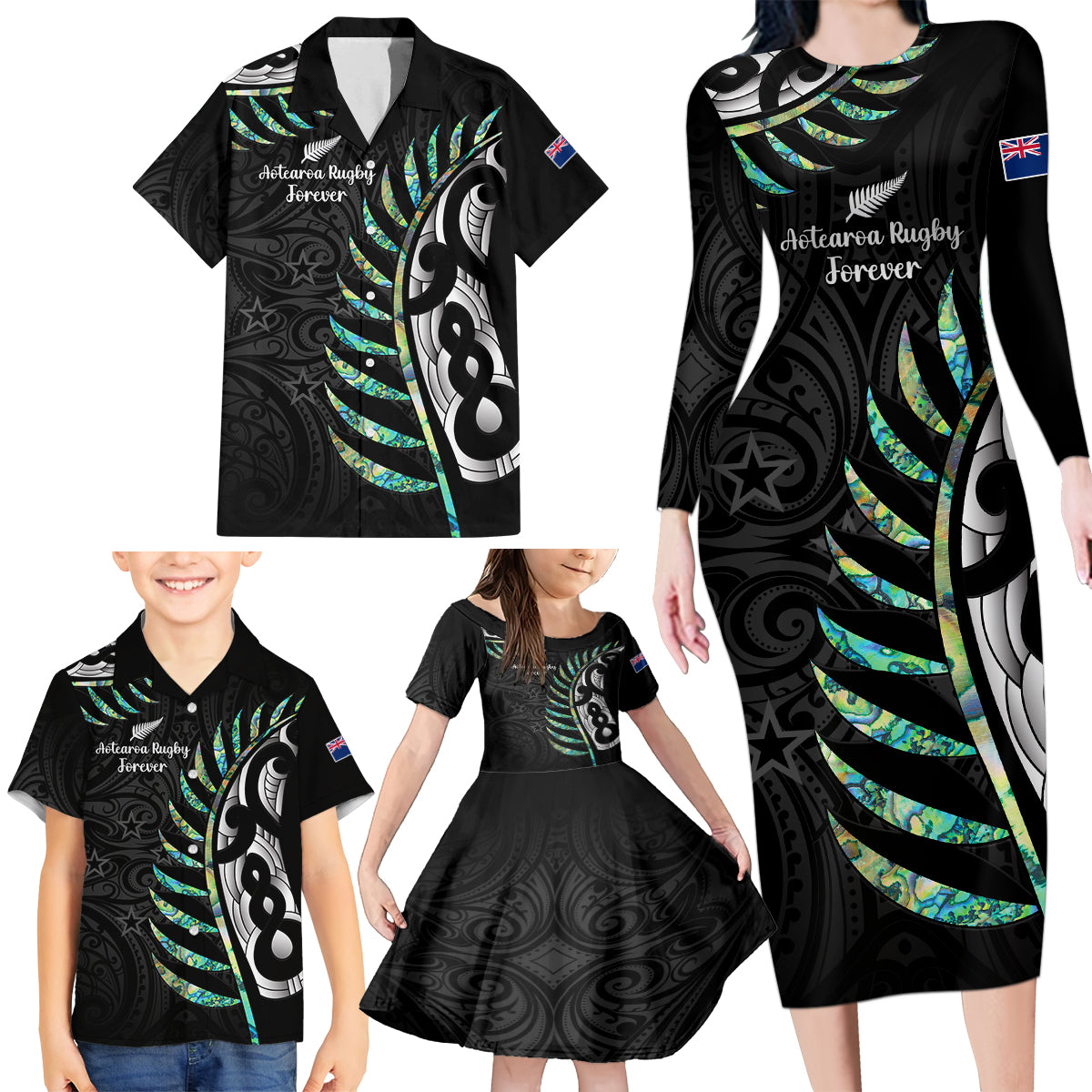 Personalised New Zealand Silver Fern Rugby Family Matching Long Sleeve Bodycon Dress and Hawaiian Shirt Paua Shell With Champions Trophy History NZ Forever - Wonder Print Shop