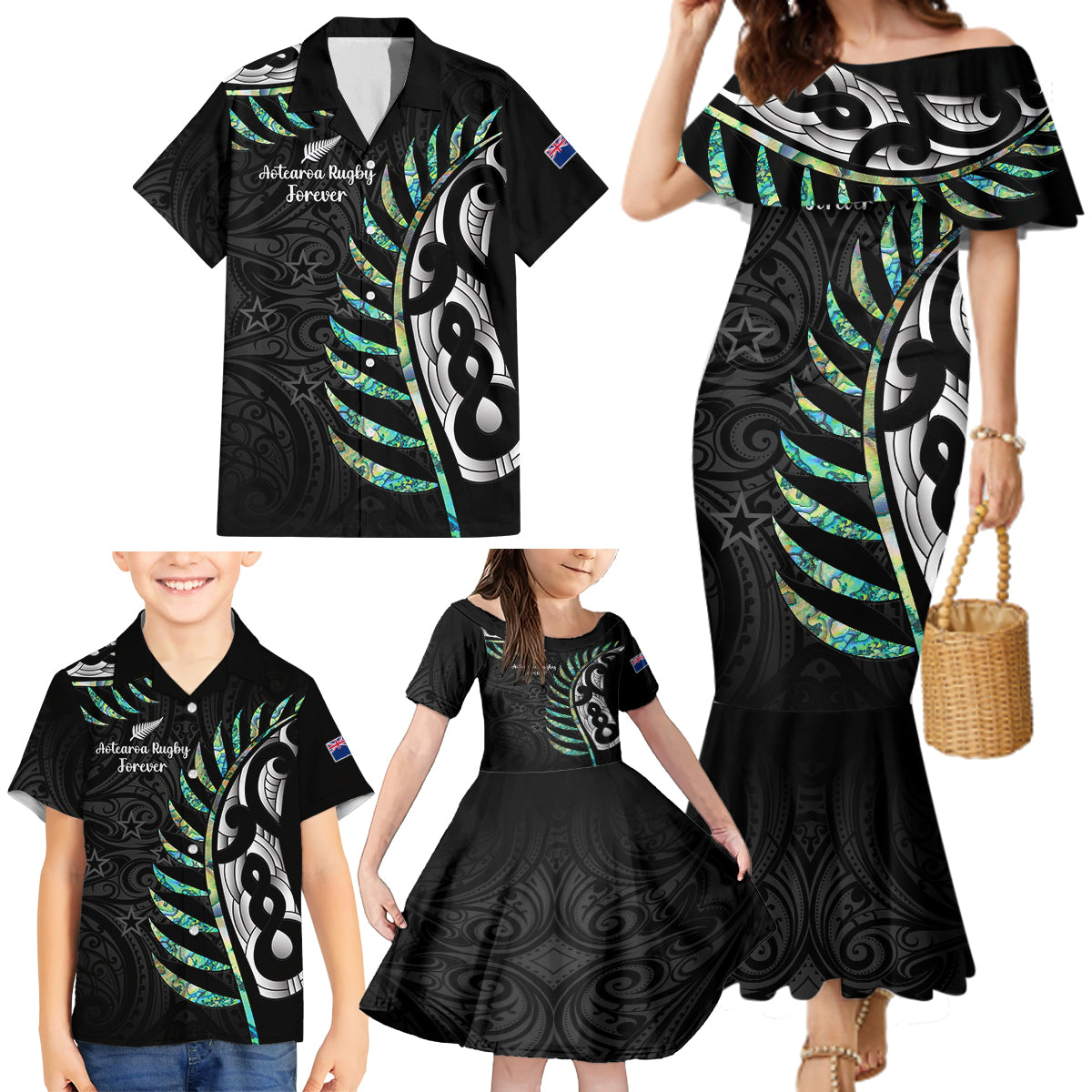 Personalised New Zealand Silver Fern Rugby Family Matching Mermaid Dress and Hawaiian Shirt Paua Shell With Champions Trophy History NZ Forever - Wonder Print Shop