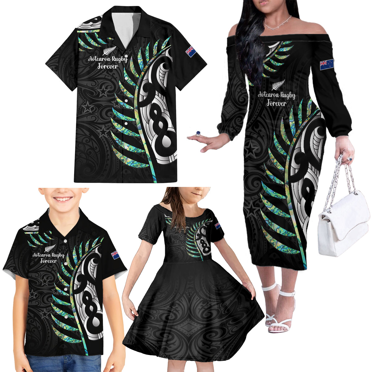 Personalised New Zealand Silver Fern Rugby Family Matching Off Shoulder Long Sleeve Dress and Hawaiian Shirt Paua Shell With Champions Trophy History NZ Forever - Wonder Print Shop