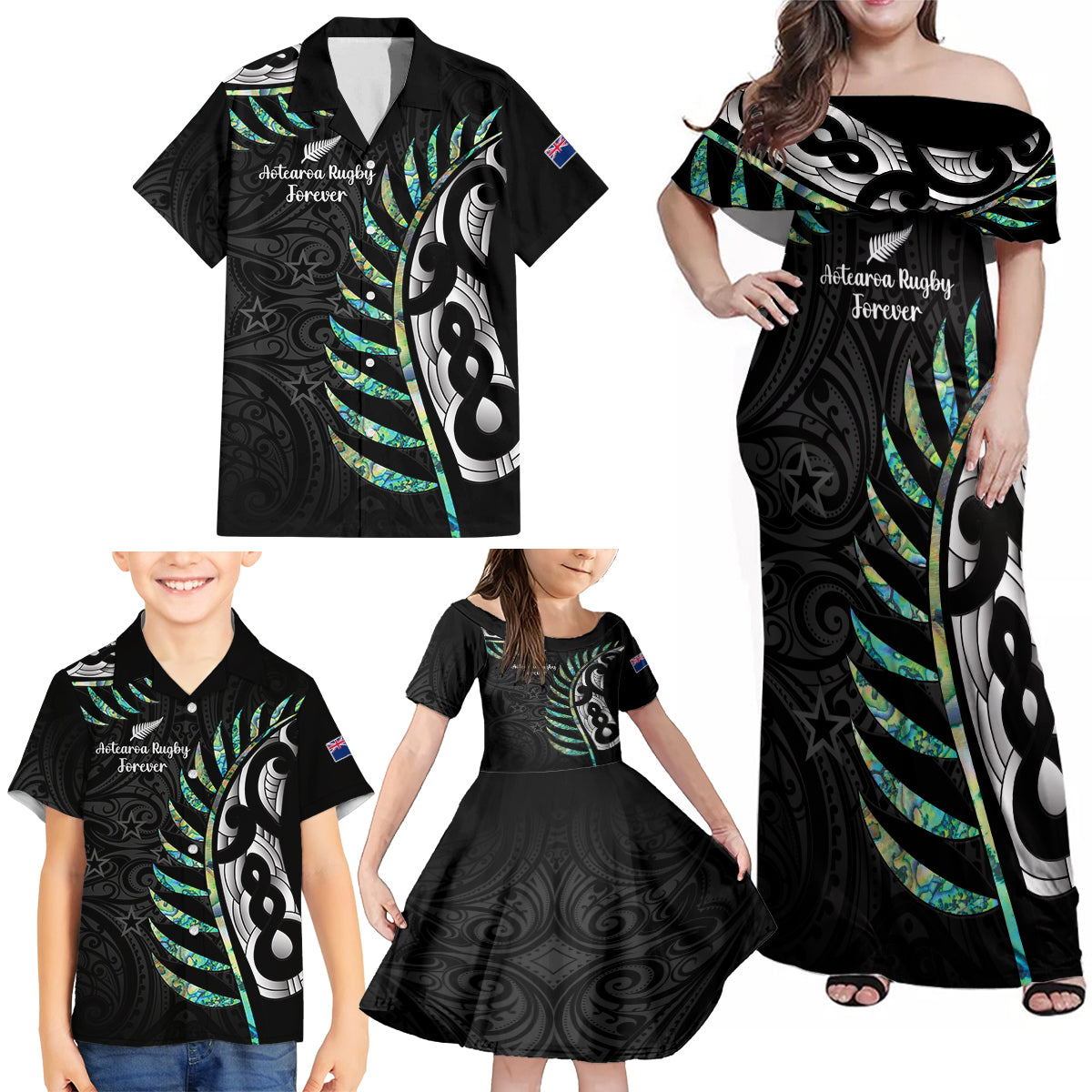 Personalised New Zealand Silver Fern Rugby Family Matching Off Shoulder Maxi Dress and Hawaiian Shirt Paua Shell With Champions Trophy History NZ Forever - Wonder Print Shop