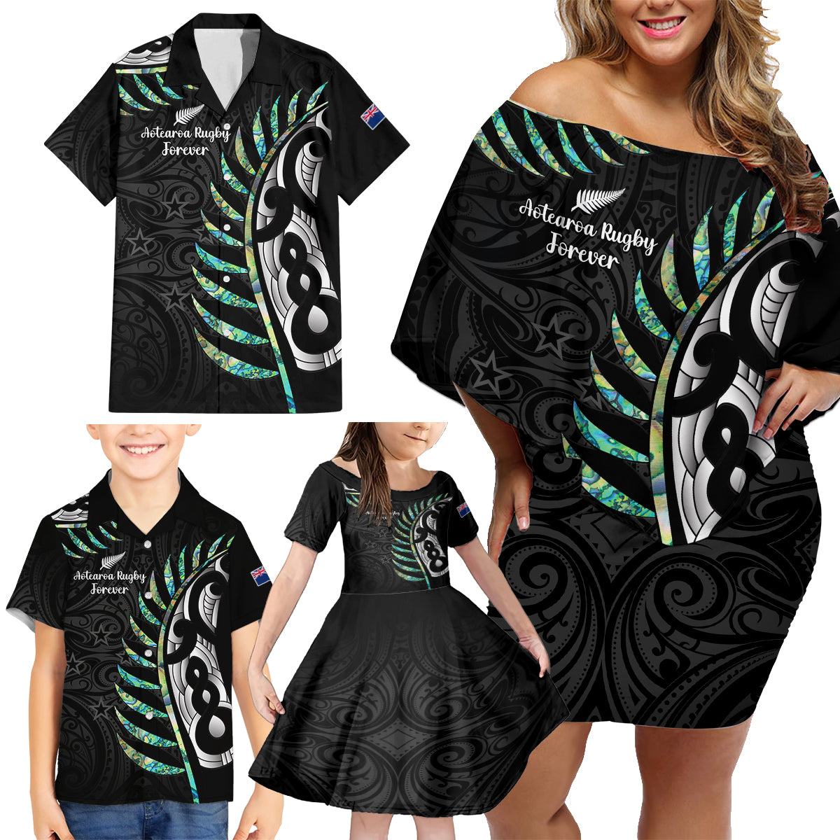 Personalised New Zealand Silver Fern Rugby Family Matching Off Shoulder Short Dress and Hawaiian Shirt Paua Shell With Champions Trophy History NZ Forever - Wonder Print Shop