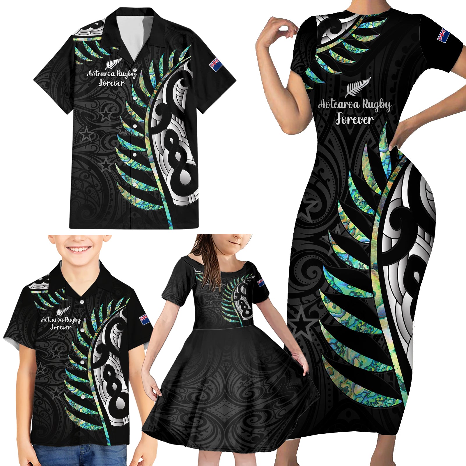 Personalised New Zealand Silver Fern Rugby Family Matching Short Sleeve Bodycon Dress and Hawaiian Shirt Paua Shell With Champions Trophy History NZ Forever - Wonder Print Shop